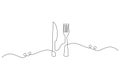 Minimalist continuous line drawing of a fork and knife, perfect for restaurant branding, menus, or kitchen decor Royalty Free Stock Photo