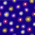 Here there are lilac, pink, white, yellow asters on a blue background. Seamless patern.