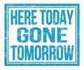 HERE TODAY GONE TOMORROW, text on blue grungy stamp sign