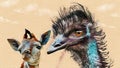 watercolor painting of a silly looking, comical, young giraffe and a young emu Royalty Free Stock Photo