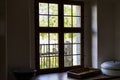 View from the window of an old country house, photograph from the inside.