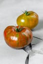 Hereditary tomatoes. Two tomatoes of different colors on a gray concrete table with a crack