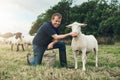 Heres a little treat for you. Portrait of a cheerful young male farmer seated next to one of his sheep while feeding it Royalty Free Stock Photo