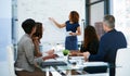 Heres what we need to focus on...a young businesswoman giving a presentation in the boardroom.