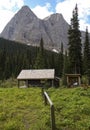 Outdoor Log Cabin Wooden Shack Horse Post Mountain Peak Canadian Rockies Summertime