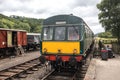 Heritage restored diesel train at railway station platform with Grosmont destination displayed. North Yorkshire Moors Railway