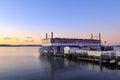 Paddlewheel boat on Lake Rotorua, New Zealand, at sunset