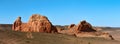 Herman Cav Canyon at sunset. South Gobi, Mongolia. Herman Tsav Canyon. Red Sandstone plateau, Martian landscape.