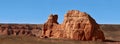 Herman Cav Canyon at sunset. South Gobi, Mongolia. Herman Tsav Canyon. Red Sandstone plateau, Martian landscape.