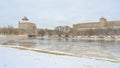 Hermann castle and Ivangorod Fortress along Narva river Royalty Free Stock Photo