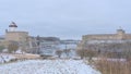 Hermann castle and Ivangorod Fortress along Narva river Royalty Free Stock Photo