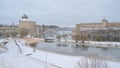 Hermann castle and Ivangorod Fortress along Narva river Royalty Free Stock Photo