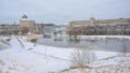 Hermann castle and Ivangorod Fortress along Narva river Royalty Free Stock Photo