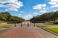 Hermann Park Houston Texas USA. The Pioneer obelisk and the reflecting pool with surrounding trails