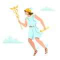 Hermes, Mercury, Greek Olympian deity of merchants, commerce. Agile gods` messenger, in helmet, winged sandals, with caduceus