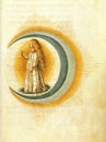 hermetic alchemical illustration of the moon represented by a woman on the curve