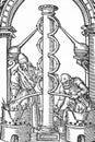 Hermetic engraving of two alchemists at work from phili ulstadt`s de secreta naturae