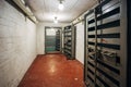 Hermetic metal armored doors with valves in tambour portal gateway, entrance of soviet bomb shelter