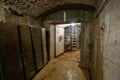 Hermetic rusty door of the bunker in underground abandoned tunnel. Mysterious old iron gate. Secret entrance Royalty Free Stock Photo