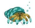 Hermit crab character. Cartoon hand drawn illustration of cute ocean animal, air bubbles. Turquoise fantasy sea crayfish. Childish Royalty Free Stock Photo