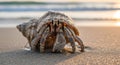 A hermit crab emerges from its shell on a sandy beach at sunset Royalty Free Stock Photo
