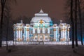 Hermitage pavilion in Catherine park in winter at night, Tsarskoe Selo, St. Petersburg, Russia