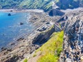 Hermitage of San Juan de Gaztelugatxe at the top of the island of Gaztelugatxe. Vizcaya, Basque Country (Spain). View of the