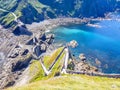 Hermitage of San Juan de Gaztelugatxe at the top of the island of Gaztelugatxe. Vizcaya, Basque Country (Spain). View of the