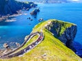 Hermitage of San Juan de Gaztelugatxe at the top of the island of Gaztelugatxe. Vizcaya, Basque Country (Spain). View of the