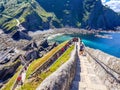 Hermitage of San Juan de Gaztelugatxe at the top of the island of Gaztelugatxe. Vizcaya, Basque Country Spain. View of the