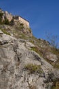 Hermitage of Sant`Onofrio in Morrone perched on the mountain Royalty Free Stock Photo