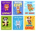 Hero animals cards. Children brave zoo superheroes with capes and masks, cute baby characters with greeting phrases