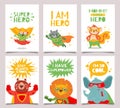 Hero animals cards. Cute and fun kids super hero animals with capes, masks and lettering greeting quotes, cartoon vector