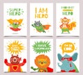Hero animals cards. Cute and fun kids super hero animals with capes, masks and lettering greeting quotes, cartoon vector kids