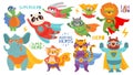 Hero animals. Super animal kids with capes and masks. Cute lion, tiger and panda, raccoon and rabbit and bear cartoon Royalty Free Stock Photo