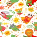 Hero animals. Superheroes animal kids with capes and masks, brave animal illustration for textile or kids wallpaper seamless