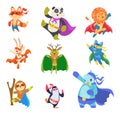 Hero animals. Zoo strong defenders city superheroes in mask cats dogs elephants exact vector flat characters collection