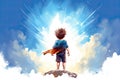 hero child with cape stand on a cliff AI generated Royalty Free Stock Photo