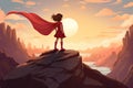 hero child with cape stand on a cliff AI generated Royalty Free Stock Photo