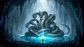 AI-generated Hero Faces Multi-Head Hydra in Ice Cave: Epic Fantasy Showdown Under Blue Glow Royalty Free Stock Photo