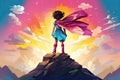 hero girl with cape stand on a cliff AI generated Royalty Free Stock Photo