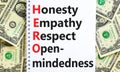 HERO honesty empathy respect open-mindedness symbol. Concept words HERO honesty empathy respect open-mindedness on the note on