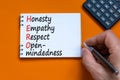 HERO honesty empathy respect open-mindedness symbol. Concept words HERO honesty empathy respect open-mindedness on the note on