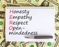 HERO honesty empathy respect open-mindedness symbol. Concept words HERO honesty empathy respect open-mindedness on white note,