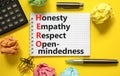 HERO honesty empathy respect open-mindedness symbol. Concept words HERO honesty empathy respect open-mindedness on white note