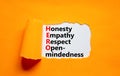 HERO honesty empathy respect open-mindedness symbol. Concept words HERO honesty empathy respect open-mindedness on white paper,