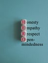 HERO honesty empathy respect open-mindedness symbol. Concept words HERO honesty empathy respect open-mindedness on wooden cubes,