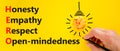 HERO honesty empathy respect open-mindedness symbol. Concept words HERO honesty empathy respect open-mindedness on yellow