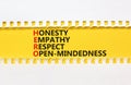 HERO honesty empathy respect open-mindedness symbol. Concept words HERO honesty empathy respect open-mindedness on yellow paper