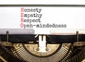 HERO honesty empathy respect open-mindedness symbol. Concept words HERO honesty empathy respect open-mindedness typed on old retro